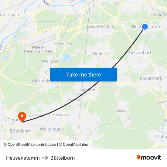 Heusenstamm to Büttelborn map