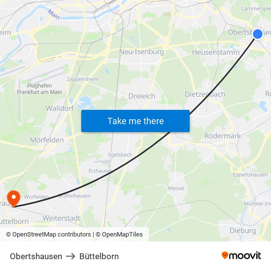 Obertshausen to Büttelborn map