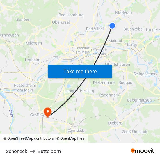 Schöneck to Büttelborn map