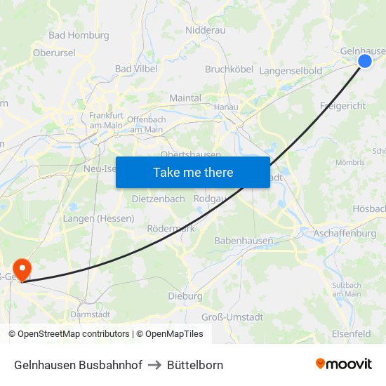 Gelnhausen Busbahnhof to Büttelborn map