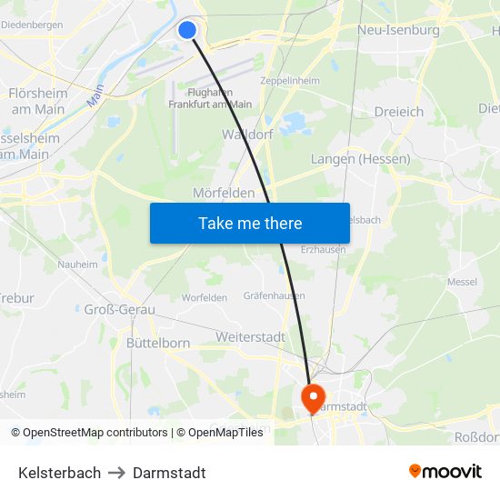 Kelsterbach to Darmstadt map