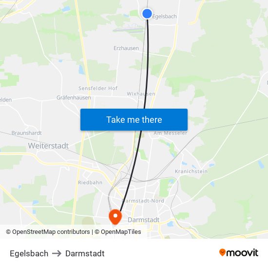 Egelsbach to Darmstadt map