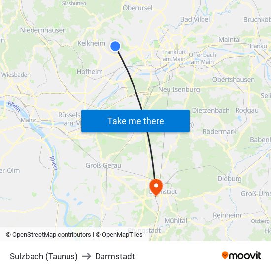 Sulzbach (Taunus) to Darmstadt map