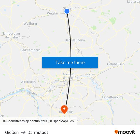 Gießen to Darmstadt map