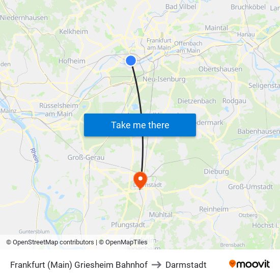 Frankfurt (Main) Griesheim Bahnhof to Darmstadt map