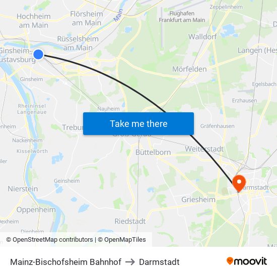 Mainz-Bischofsheim Bahnhof to Darmstadt map