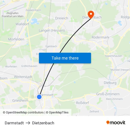 Darmstadt to Dietzenbach map