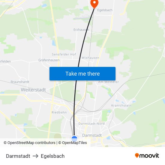 Darmstadt to Egelsbach map