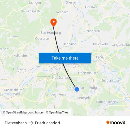 Dietzenbach to Friedrichsdorf map