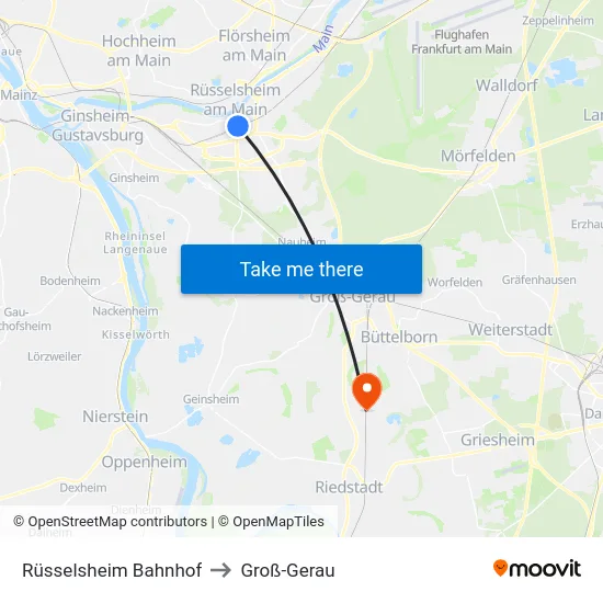 Rüsselsheim Bahnhof to Groß-Gerau map