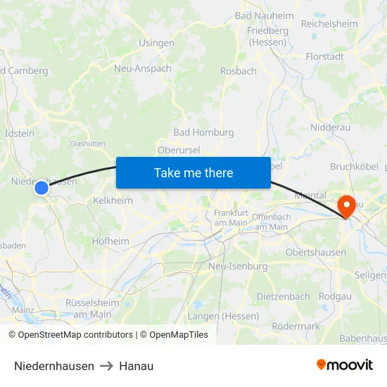 Niedernhausen to Hanau map