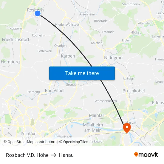 Rosbach V.D. Höhe to Hanau map