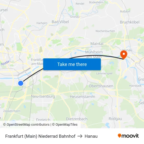Frankfurt (Main) Niederrad Bahnhof to Hanau map