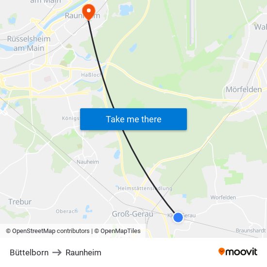 Büttelborn to Raunheim map