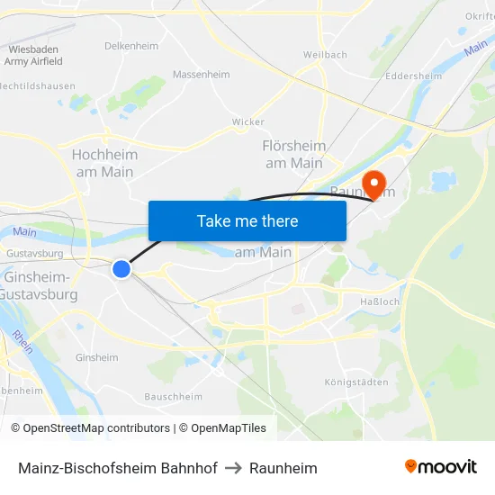 Mainz-Bischofsheim Bahnhof to Raunheim map