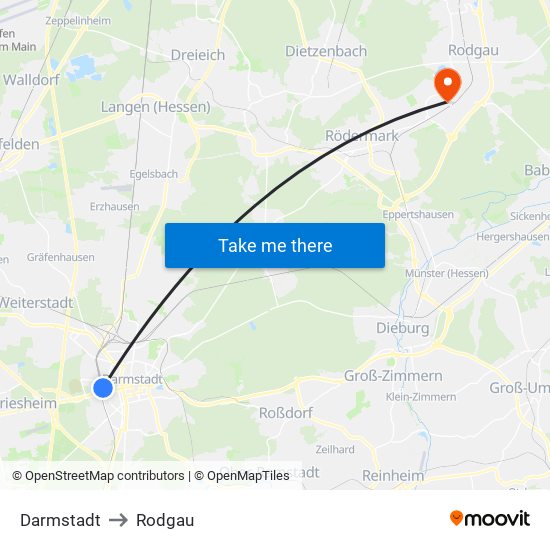 Darmstadt to Rodgau map