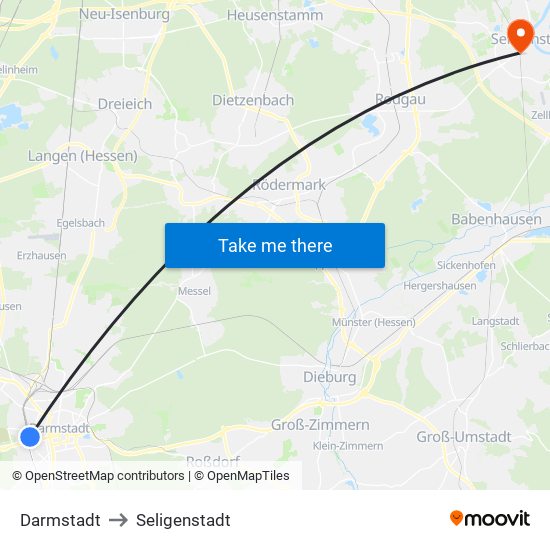 Darmstadt to Seligenstadt map