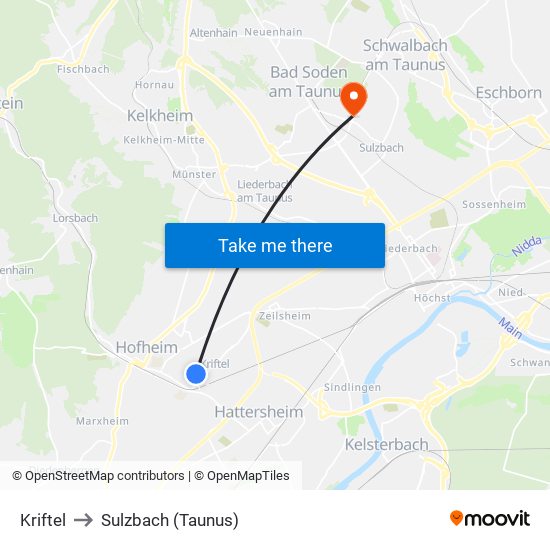 Kriftel to Sulzbach (Taunus) map