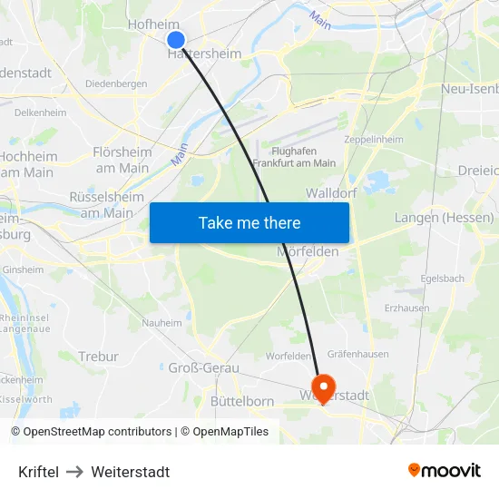 Kriftel to Weiterstadt map