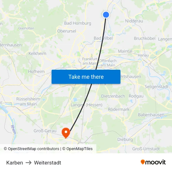 Karben to Weiterstadt map
