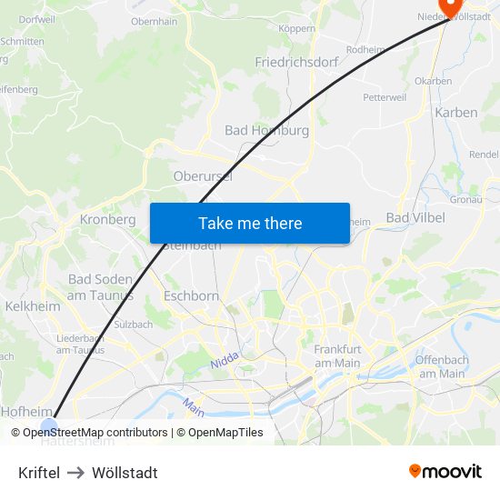 Kriftel to Wöllstadt map