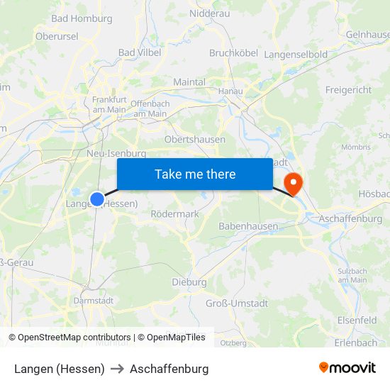 Langen (Hessen) to Aschaffenburg map