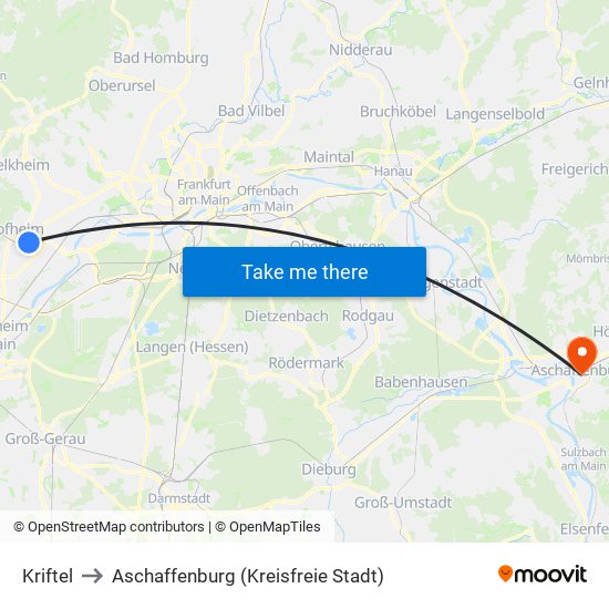 Kriftel to Aschaffenburg (Kreisfreie Stadt) map