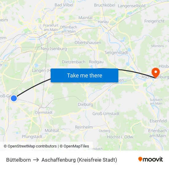 Büttelborn to Aschaffenburg (Kreisfreie Stadt) map