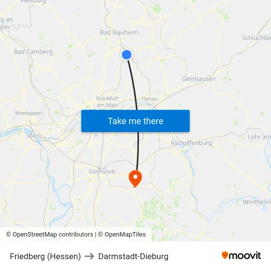 Friedberg (Hessen) to Darmstadt-Dieburg map