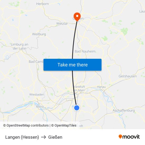 Langen (Hessen) to Gießen map