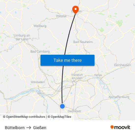 Büttelborn to Gießen map