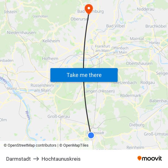 Darmstadt to Hochtaunuskreis map