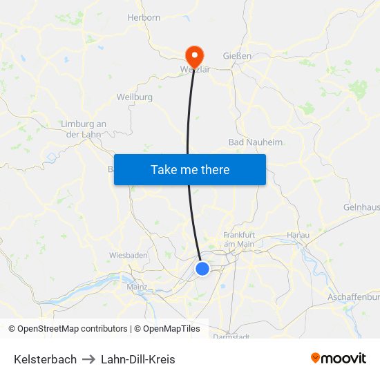 Kelsterbach to Lahn-Dill-Kreis map