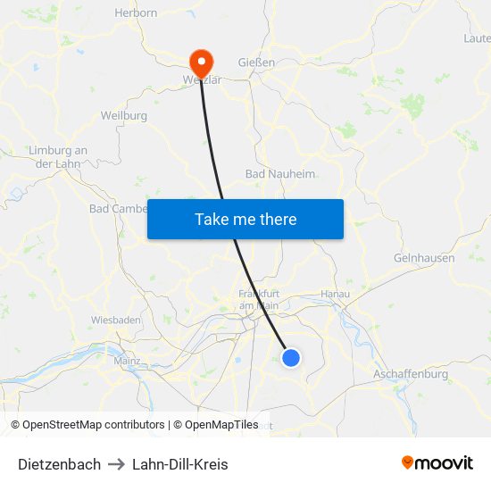 Dietzenbach to Lahn-Dill-Kreis map
