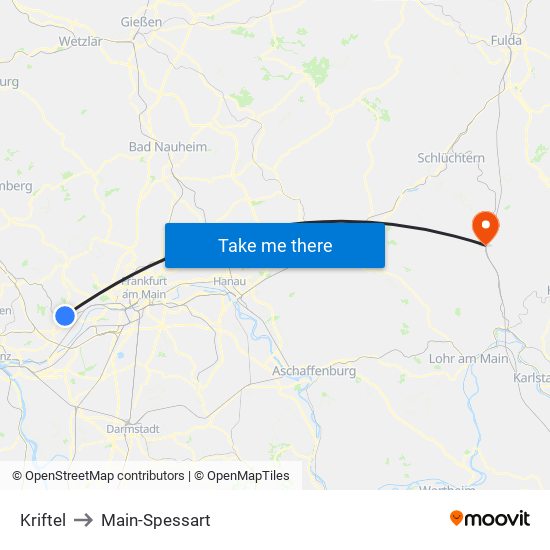 Kriftel to Main-Spessart map