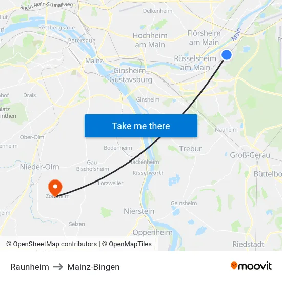 Raunheim to Mainz-Bingen map
