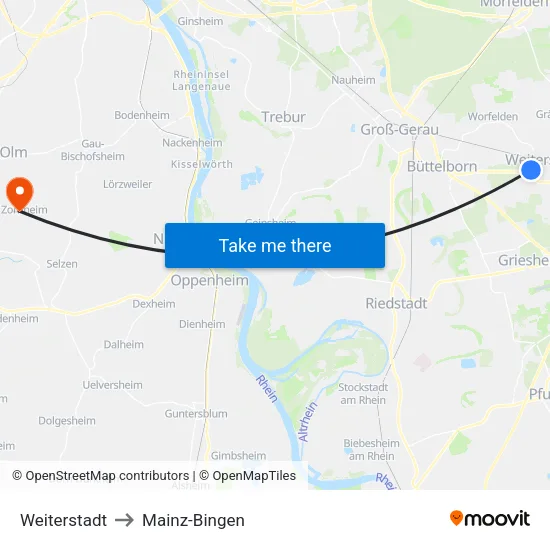 Weiterstadt to Mainz-Bingen map