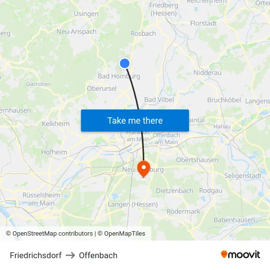 Friedrichsdorf to Offenbach map