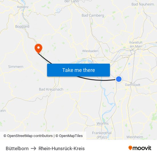 Büttelborn to Rhein-Hunsrück-Kreis map