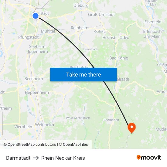 Darmstadt to Rhein-Neckar-Kreis map