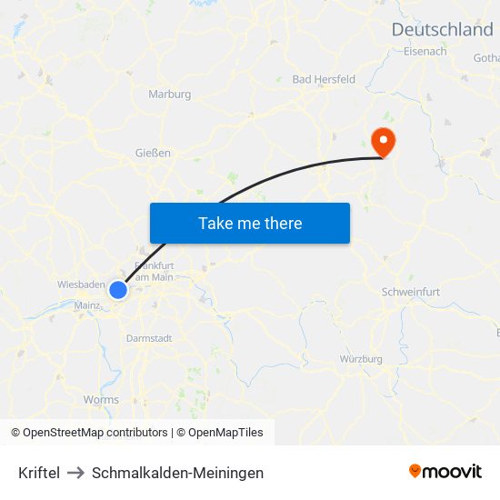 Kriftel to Schmalkalden-Meiningen map