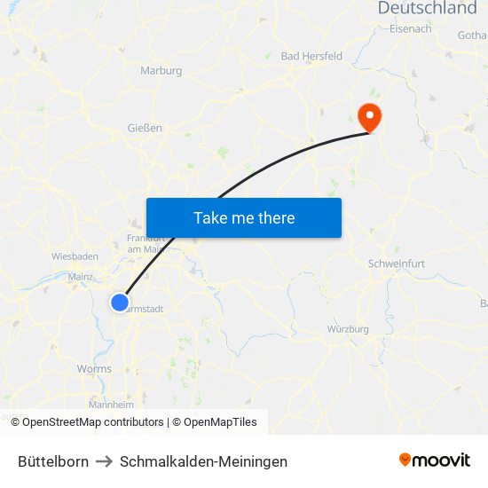 Büttelborn to Schmalkalden-Meiningen map