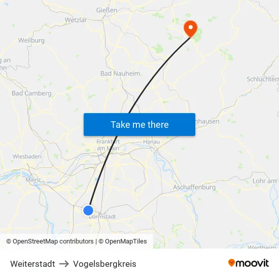 Weiterstadt to Vogelsbergkreis map