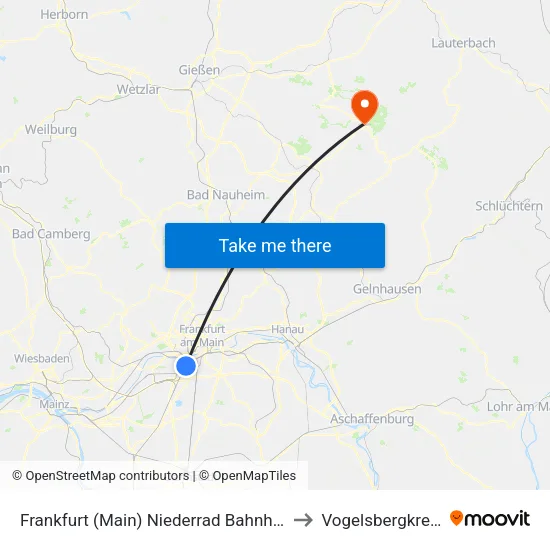 Frankfurt (Main) Niederrad Bahnhof to Vogelsbergkreis map