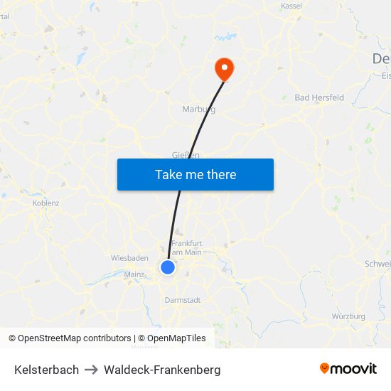 Kelsterbach to Waldeck-Frankenberg map