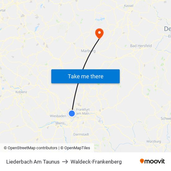 Liederbach Am Taunus to Waldeck-Frankenberg map