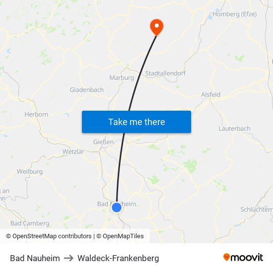 Bad Nauheim to Waldeck-Frankenberg map