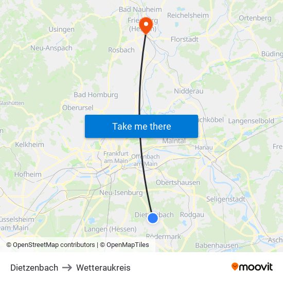 Dietzenbach to Wetteraukreis map