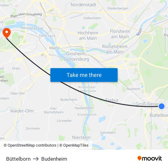 Büttelborn to Budenheim map
