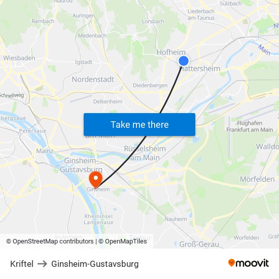 Kriftel to Ginsheim-Gustavsburg map